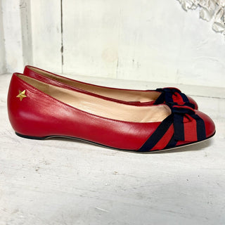 Gucci Leather Grosgrain Web Stripe Bow Slip On Ballet Flat Shoes Red Womens 37.5