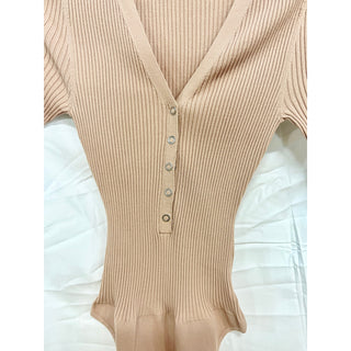 NWOT A.L.C. Toni Half Sleeve V-Neck Rib Knit Henley Bodysuit Beige Women's XS