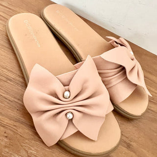 BCBGeneration Leather Eleni Knotted Bow Slide Flat Sandals Pink Women's Size 7.5