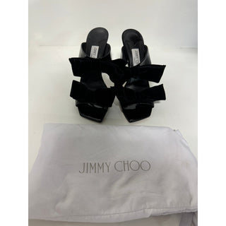 Jimmy Choo Flaca Velvet Bow Patent-Leather Mules Sandals Black Women's 39 / 8.55