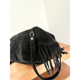 The Perfext 100% Calf Suede Leather Fringe Flap Backpack Bag Black Women's