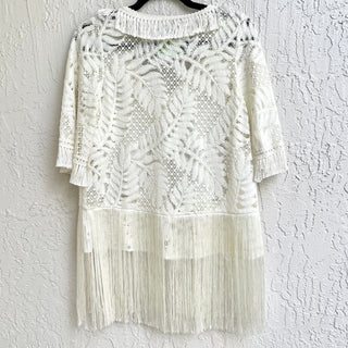 Alexis Short Sleeve Fringe Semi Sheer Embroidered Top Off White Womens Size XS/S