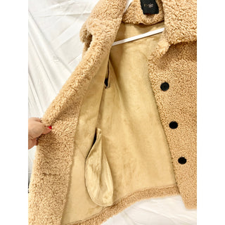 Maje Long Sleeve Button Lined Sherpa Teddy Bear Coat Jacket Camel Women's Medium