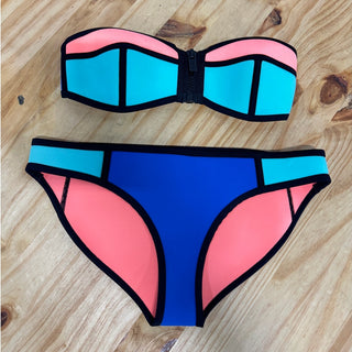 TRIANGL Colorblock Bandeau Bikini Top & Bikini Bottom Set Orange/Blue Women XS-M