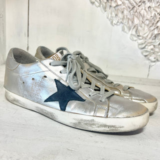 Golden Goose Superstar Low Top Skateboard Sneaker Metallic Silver Womens Size 38