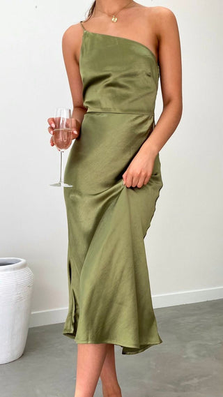 NWT Billy J Kimbra Satin One Shoulder Bridesmaid Midi Dress Olive Women's Size 2