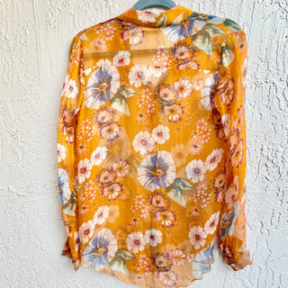 4 Love and Liberty Silk Floral Long Sleeve Button Up Shirt Yellow Womens Size XS