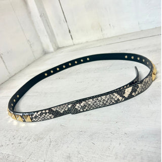 Tory Burch Snake Skin Pattern Gold Studded Waist Thin Belt Black Women's Small