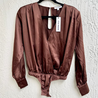 NWT Steve Madden Long Sleeve Satin Tamaira Bodysuit Chicory Coffee Women's XS