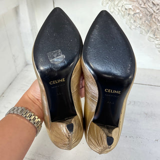 Celine Metallic Leather Pointed Toe Creased Heel Pump Gold Women's 36.5 US 6