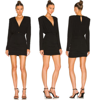 Anine Bing Whitney Long Sleeve Plunge V-Neck Ruched Mini Dress Black Women's M