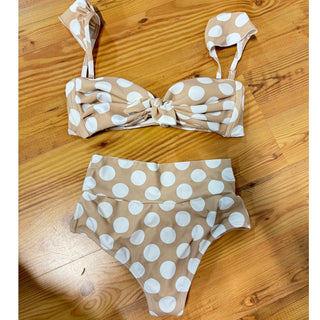 Montce Polka Dot Bikini Top & High Waisted Bikini Bottom Set Beige/White Women S