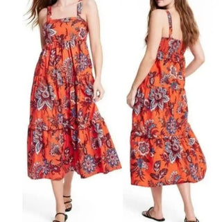 Rhode x Target Leafy Floral Print Tiered Midi Dress Orange Women's Size Large