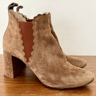 Chloe Lauren Scalloped Suede Ankle Block Boots Light Brown Women's Size 38.5