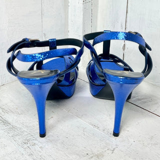 Saint Laurent Tribute Leather T-Strap Metallic Platform Sandals Metal Blue 39L/9