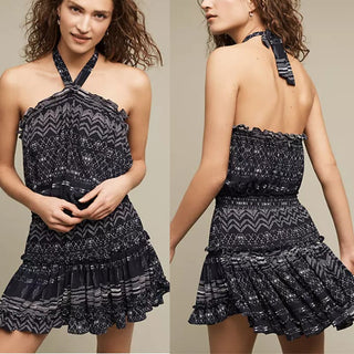 MISA Molina Sleeveless Tiered Ruffle Hem Halter Mini Dress Navy Women's Sz XS