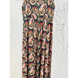 Nieves Lavi Cap Sleeve 100% Silk Paisley Print Maxi Dress Black Women's Size 0