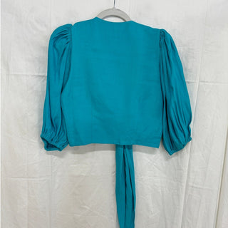 Ostra Brasil Puff Sleeve Tie Front Cropped Blouse Top Teal Blue Women's Size M