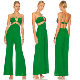 NWT Rumer Amoura Goldtone O-Ring Cut-Out Wide Leg Jumpsuit Green Women's Size XS