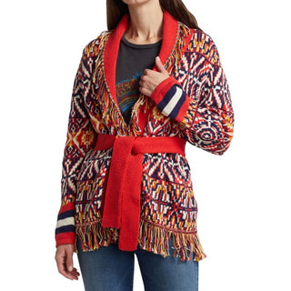 $325 MOTHER Dont Sweat It Geometric Fringe Hem Belted Knit Cardigan Red Multi XS