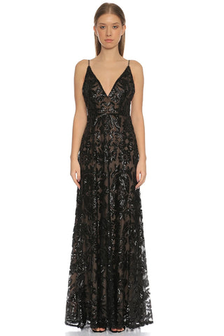 NWT BCBGMaxazria Embellished Beaded V-Neck Mesh Long Dress Black Women's Size 6
