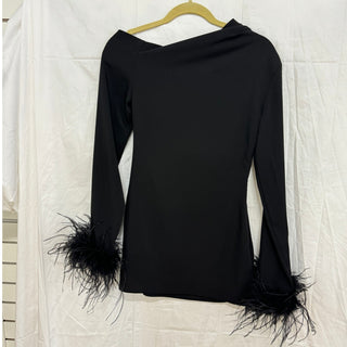 NWT Heiress Asymmetric Feather Trimmed Crepe Long Sleeve Mini Dress Black Small