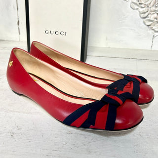 Gucci Leather Grosgrain Web Stripe Bow Slip On Ballet Flat Shoes Red Womens 37.5