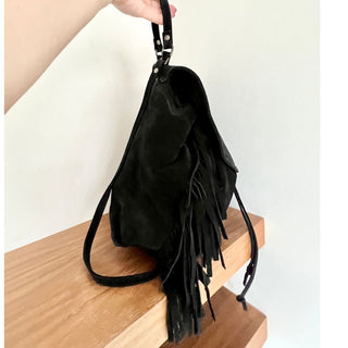 The Perfext 100% Calf Suede Leather Fringe Flap Backpack Bag Black Women's