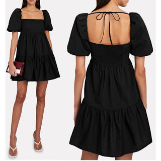 Intermix Milly Puff Sleeve Tiered Ruffle Poplin Mini Dress Black Women's Size 0