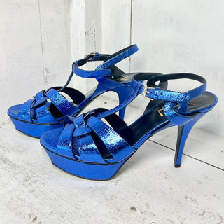Saint Laurent Tribute Leather T-Strap Metallic Platform Sandals Metal Blue 39L/9