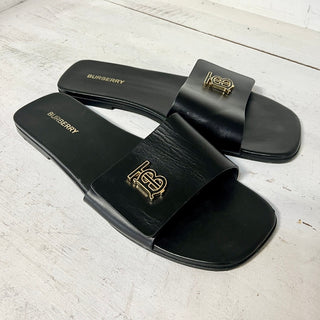 Burberry Monogram Plaque Leather Slip On Flat Slide Sandals Black Size 41 / 10.5