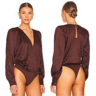 NWT Steve Madden Long Sleeve Satin Tamaira Bodysuit Chicory Coffee Women's XS