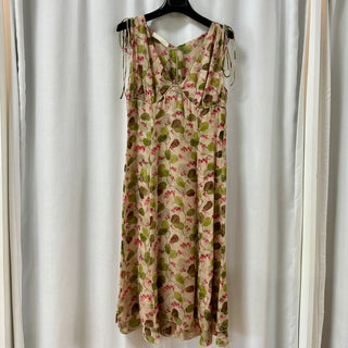 Valentino Silk Cherry Blossom Print Tie Shoulder Knee Dress Pink/Green Women's 6