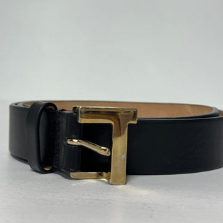 Lafayette 148 New York Gold L Beam Buckle Leather Belt Black Women's Size XS