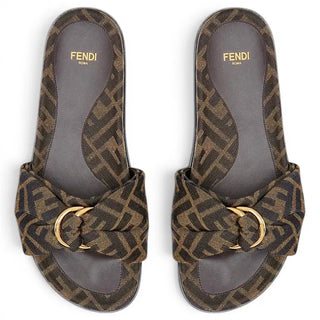 Fendi Feel FF Zucca Monogram Satin Knotted Slip On Slide Sandals Brown Womens 37