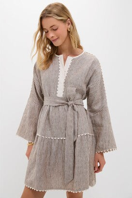 NWT Tuckernuck Tobi Linen Stripe Bell Sleeve Tiered Mini Dress Brown Women's L