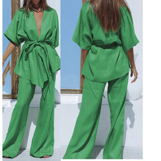 NWT Commense Oversized Belted Top &  Wide Leg Pants Set Green Women's Size S