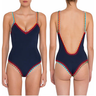 KIINI Tasmin Crochet Scoop Back One Piece Swimsuit Navy & Multi Women's Small