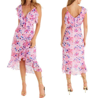 Allison Hi Low Hem Ruffle Floral Print Ophelia Midi Wrap Dress Pink Women's Sz 0