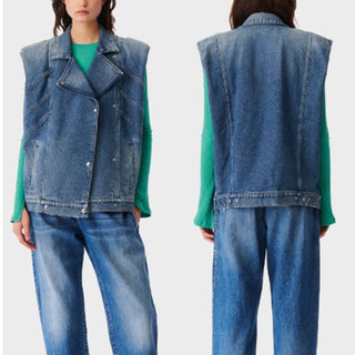 NWT IRO Beverly Sleeveless Collared Snap Jean Jacket Stone Blue Women FR 36/US 4