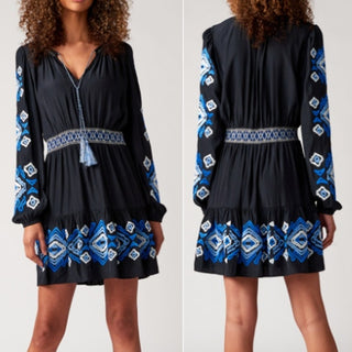 Marie Oliver Kira Ikat Embroidery Long Sleeve Mini Dress Black/Blue Womens P / S