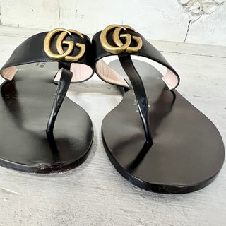 Gucci Leather Embellished Double G GG Slip On Thong Flat Sandals Black Women 39