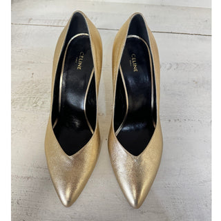 Celine Metallic Leather Pointed Toe Creased Heel Pump Gold Women's 36.5 US 6