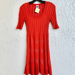 VTG Missoni Crochet Knit Pleated Scoop Neck Flare Mini Dress Red Women's Small