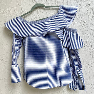 Self-Portrait 100% Cotton Ruffle Striped Frill Shirt Navy Blue Women's Size US 4