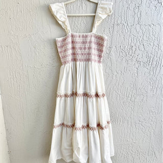 NWOT Madewell Sleeveless Lucie Smocked Tiered Midi Dress Cream Pink Women Large