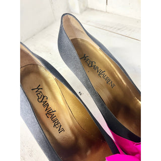 NWT Yves Saint Laurent's Two Tone Satin Slip On Pump Fuchsia/Black Womens Size 8