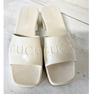 Gucci Embossed Logo Gloss Rubber Slide Heeled Mule Sandals Off-White Women 38