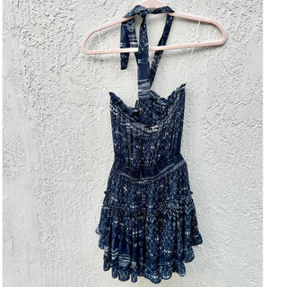 MISA Molina Sleeveless Tiered Ruffle Hem Halter Mini Dress Navy Women's Sz XS