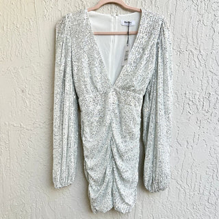 NWT Showpo Long Sleeve Ruched Rhaylee Mini Dress Silver Sequin Women's Size US 2